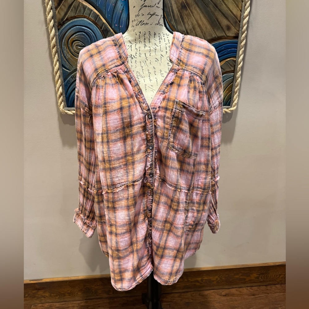 Free People Pink/Purple Plaid Tunic Shirt
